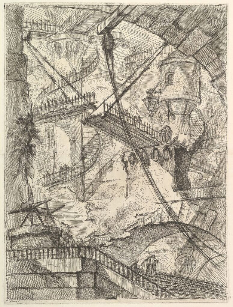 Verschachtelte Treppen, Brücken und Gewölbe in Piranesis Radierung „Die Zugbrücke“ aus den Carceri d’invenzione.