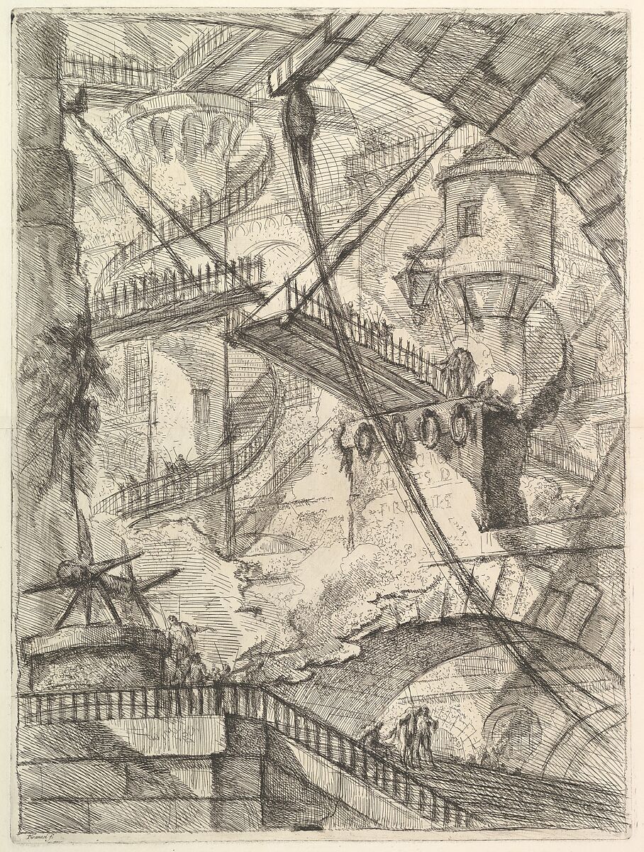 Verschachtelte Treppen, Brücken und Gewölbe in Piranesis Radierung „Die Zugbrücke“ aus den Carceri d’invenzione.